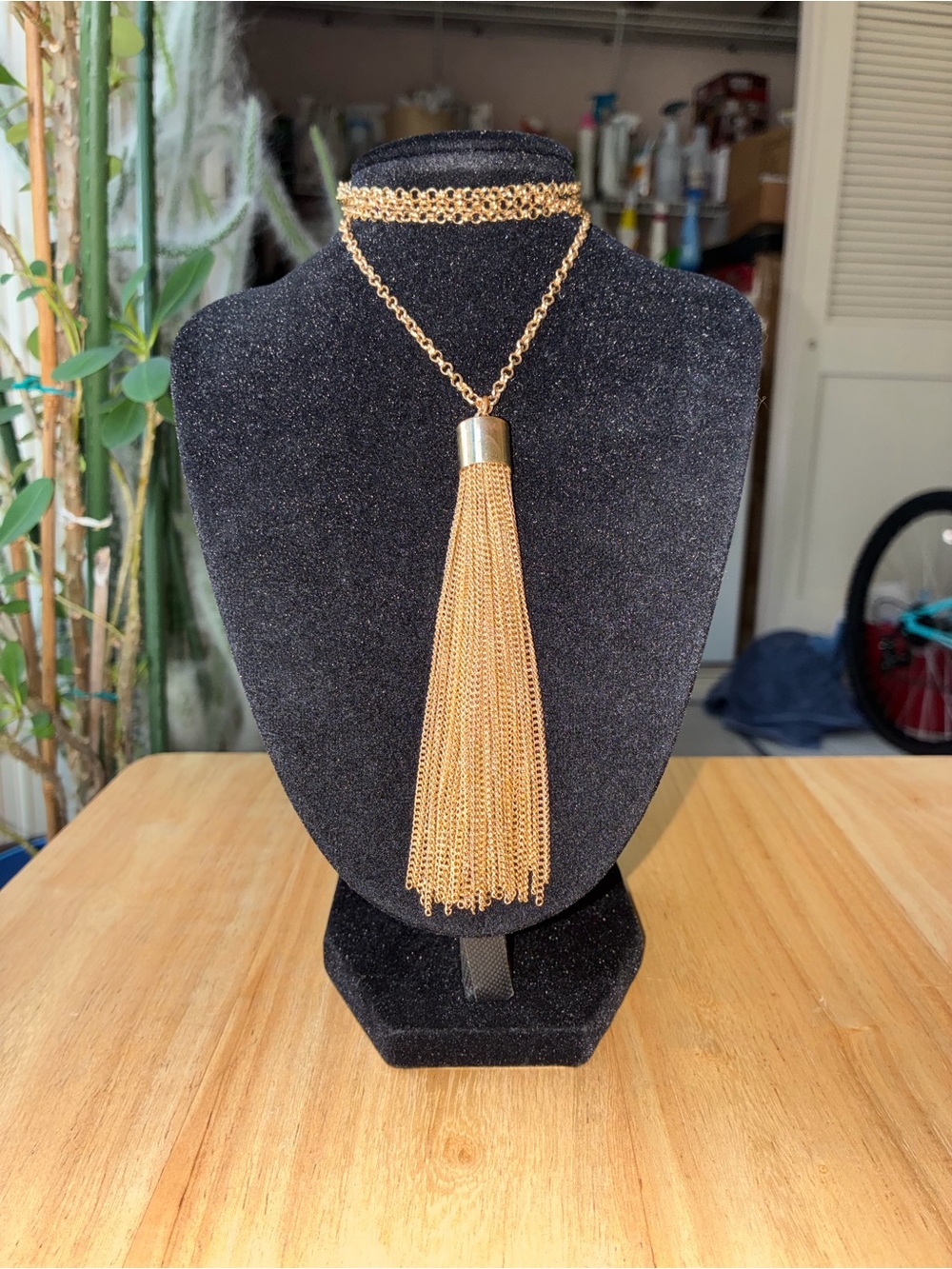 Gold Tone Chain Tassel Statement Necklace Long Layered Fringe Pendant
